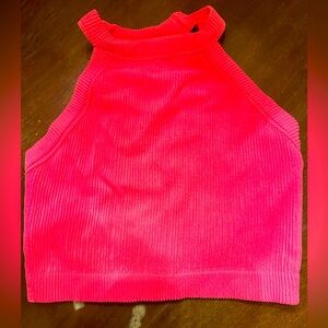 Aerie Hot Pink Ribbed Top sports bra high neck long line racer back soft !